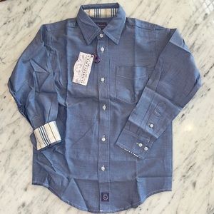 New Ciao Marco Boys Blue Striped Button Down Shirt With Cream Striped Cuff Trim